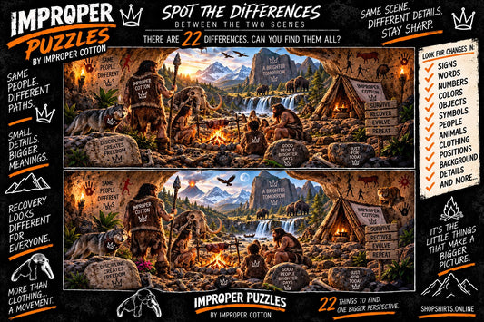 Improper Puzzles by Improper Cotton Stone Age spot the difference challenge featuring two detailed prehistoric cave scenes with 22 differences to find.