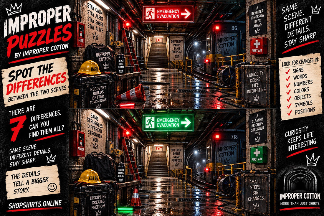 Improper Puzzles by Improper Cotton underground emergency evacuation spot-the-difference puzzle featuring two industrial tunnel scenes with 7 hidden differences