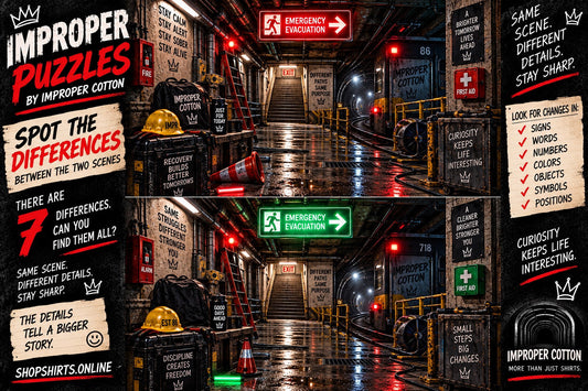 Improper Puzzles by Improper Cotton underground emergency evacuation spot-the-difference puzzle featuring two industrial tunnel scenes with 7 hidden differences