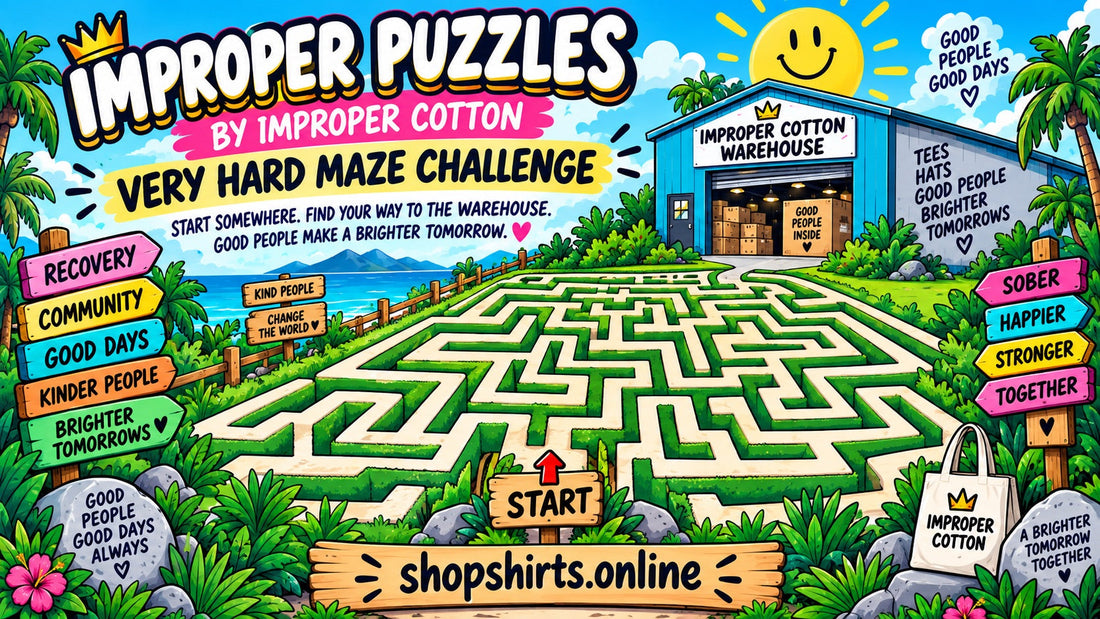 Improper Puzzles very hard maze by Improper Cotton featuring a large colorful maze that starts at the bottom and leads to the Improper Cotton warehouse, branded with shopshirts.online.