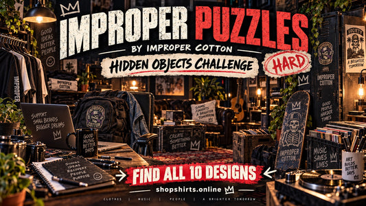 Improper Puzzles hard hidden objects challenge by Improper Cotton featuring a detailed music and streetwear studio with ten branded designs hidden throughout the scene, branded with shopshirts.online.