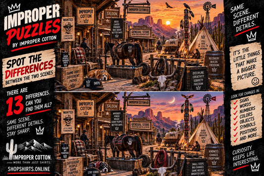 Improper Puzzles by Improper Cotton Wild West spot-the-difference challenge featuring two western frontier scenes with 13 hidden differences