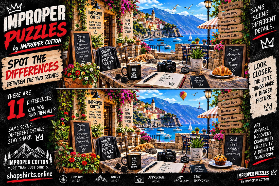 Improper Puzzles spot the differences challenge by Improper Cotton featuring two detailed Mediterranean coastal patio scenes with 11 hidden differences to find.