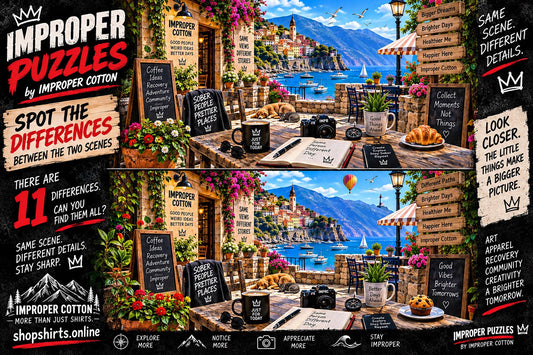Improper Puzzles spot the differences challenge by Improper Cotton featuring two detailed Mediterranean coastal patio scenes with 11 hidden differences to find.