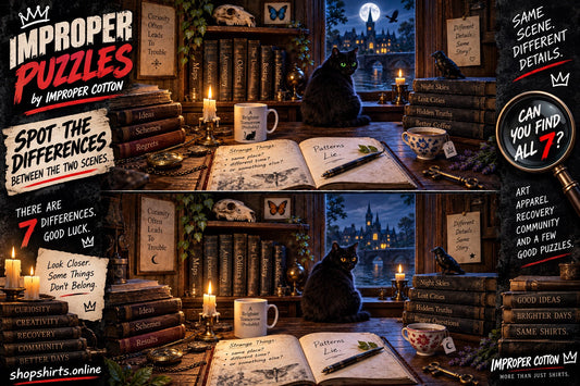 IMPROPER PUZZLES by Improper Cotton spot-the-difference challenge featuring two mysterious candlelit study scenes with a black cat, antique books, open journal and moonlit castle with 7 differences to find.
