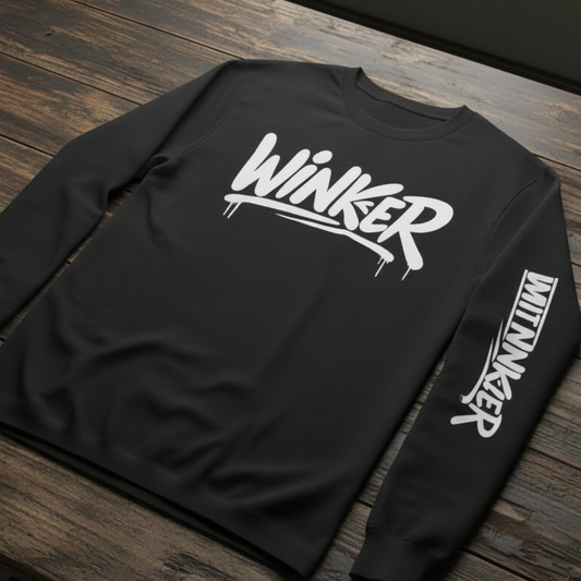A black long-sleeve t-shirt with a large white 'WINKER' graphic printed across the chest and vertical white text printed down one sleeve, shown against a plain white background.