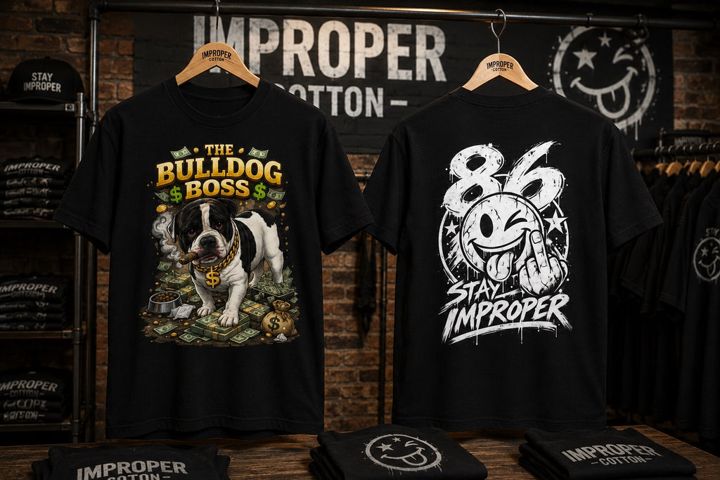 Two black graphic T-shirts displayed on wooden hangers in a retail setting. The front shirt shows a bulldog illustration with the text 'THE BULLDOG BOSS' and gold/yellow lettering.