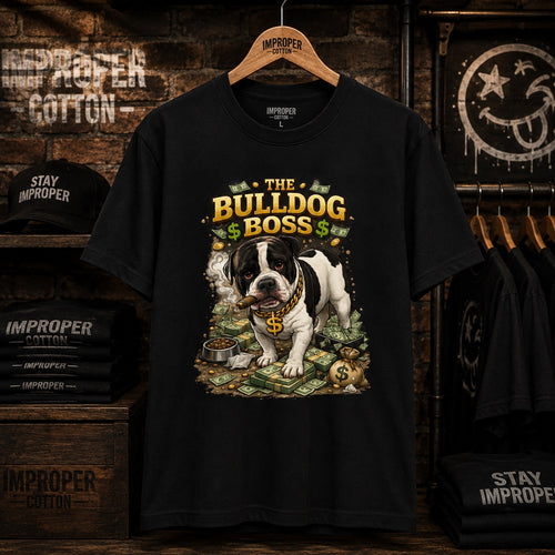 A black graphic t-shirt hanging on a wooden hanger against a rustic brick wall backdrop. The shirt features a graphic of a bulldog wearing a gold chain and money bag, surrounded by cash, with the text 'THE BULLDOG BOSS' in gold.