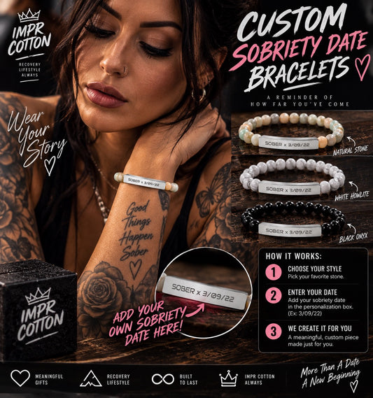 A promotional graphic for IMPR Cotton custom sobriety date bracelets, featuring a tattooed woman wearing a white and cream bracelet on her wrist, with several bracelet color/style options displayed alongside text explaining how the custom bracelet is created.