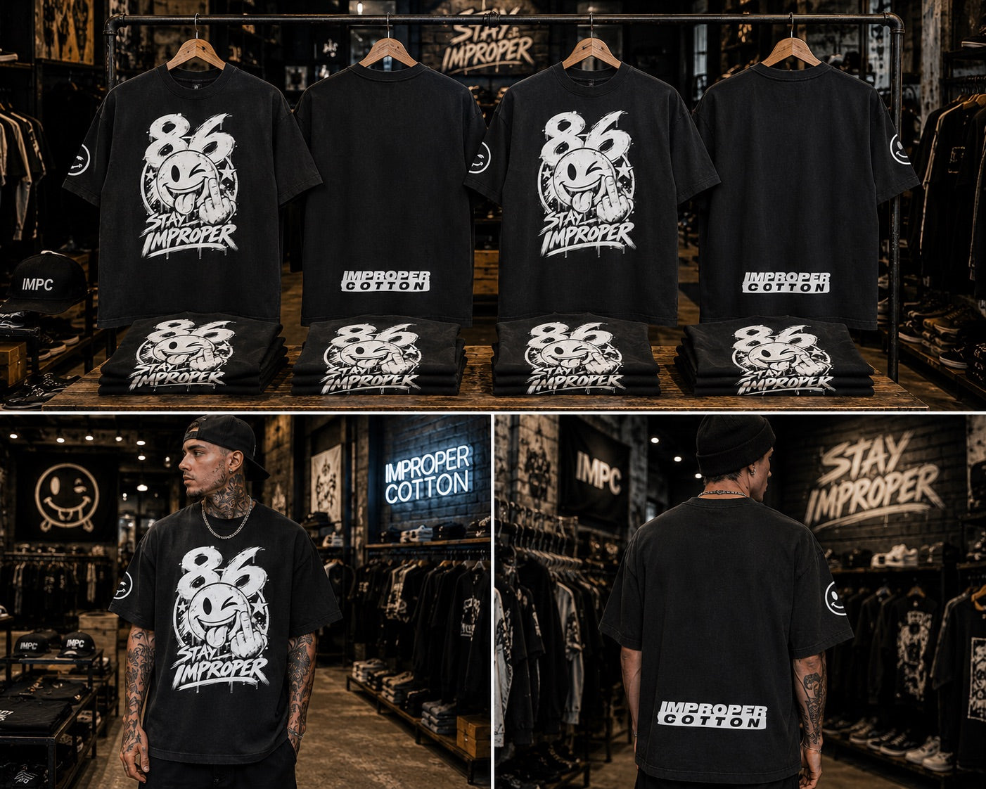Multiple Views of Improper Cotton Black Heavyweight Vintage T-Shirt