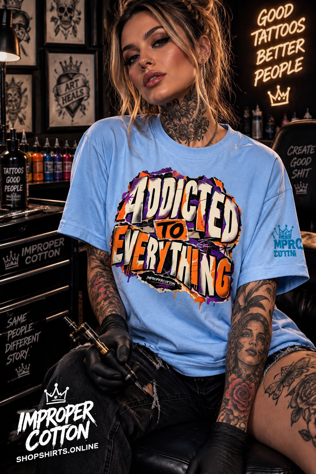 Female wearing addicted to everything sky blue graphic tee by improper cotton ShopShirtsOnline 