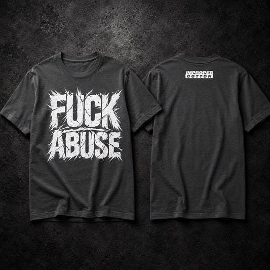 Two dark charcoal gray t-shirts displayed side-by-side against a dark textured background, showing the front and back views. The front features a large white distressed graphic reading 'FUCK ABUSE', and the back features a small white rectangular logo reading 'HIDEN IN COTTON'.