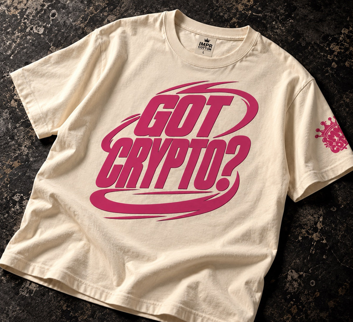 Got Crypto casino gaming graphic tee laying on a dark table background light apricot colored shirt