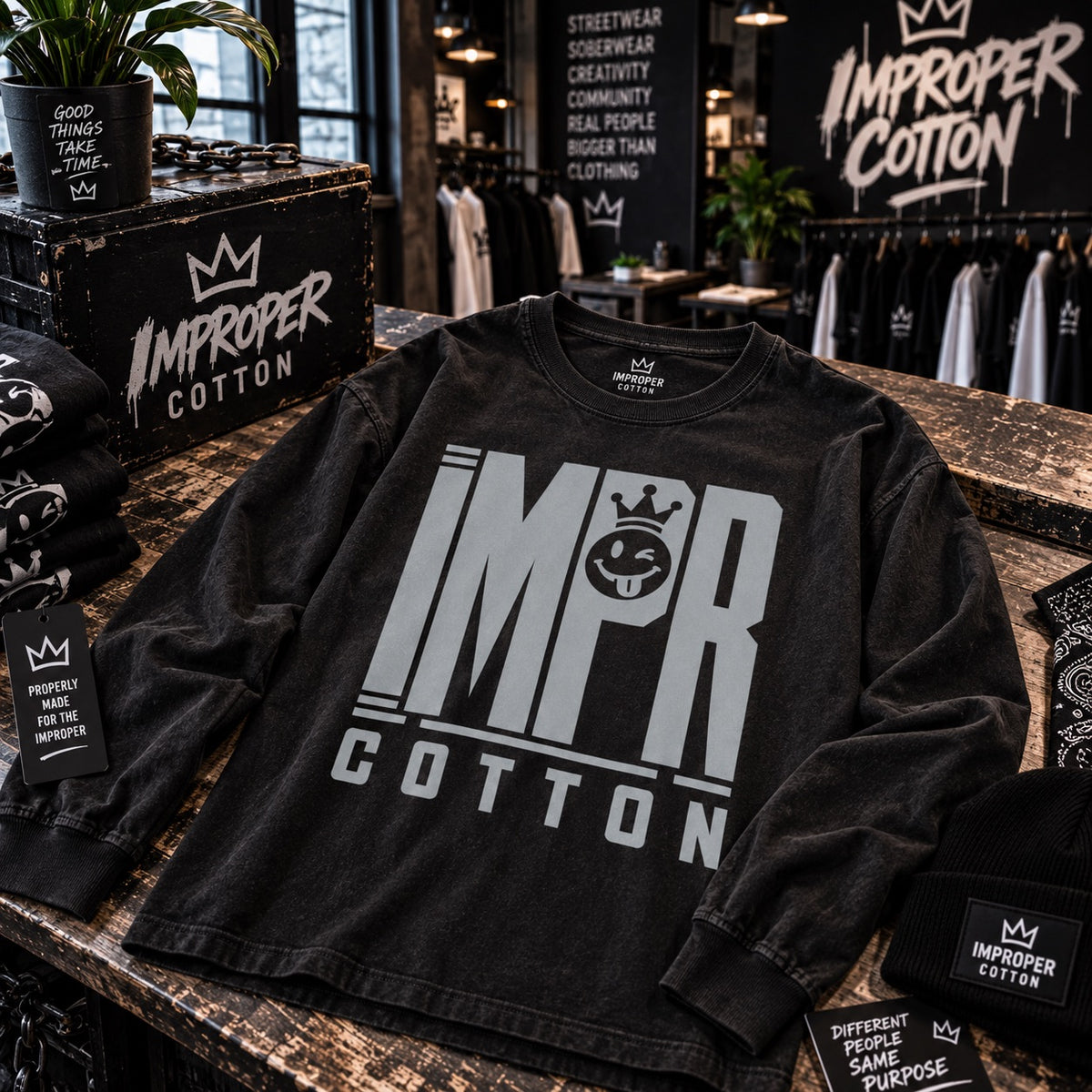 IMPR cotton black Longsleeve bold graphic tees by improper cotton laying on a wooden table 