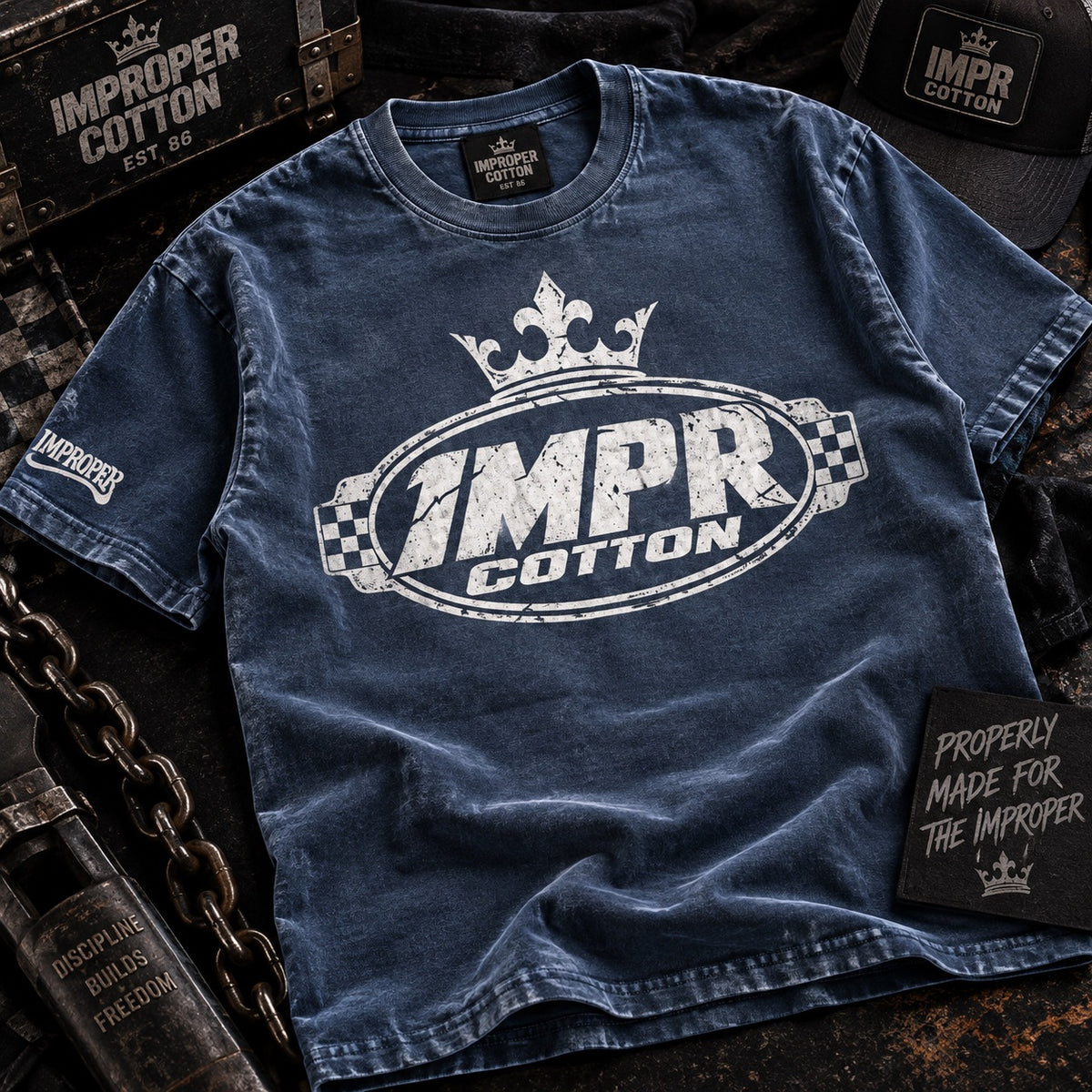 A washed blue crewneck t-shirt with a distressed white 'IMPR COTTON' logo and crown graphic on the chest, styled in a flat-lay with branded caps, a patch, and vintage-style crates.