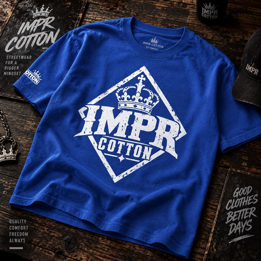 A royal blue short-sleeve t-shirt with a distressed white graphic reading 'IMPR COTTON' and a crown motif, laid flat on a dark wooden surface with branded props around it.