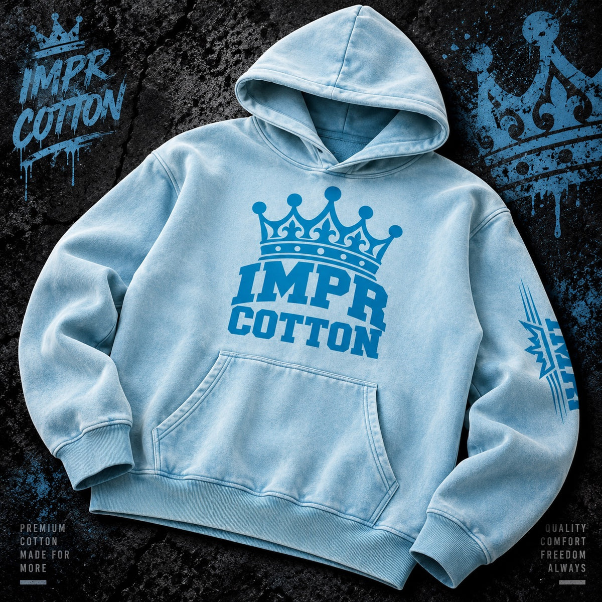 IMPR Cotton Crown Hoodie – Premium Blue Streetwear 4-Panel Promo