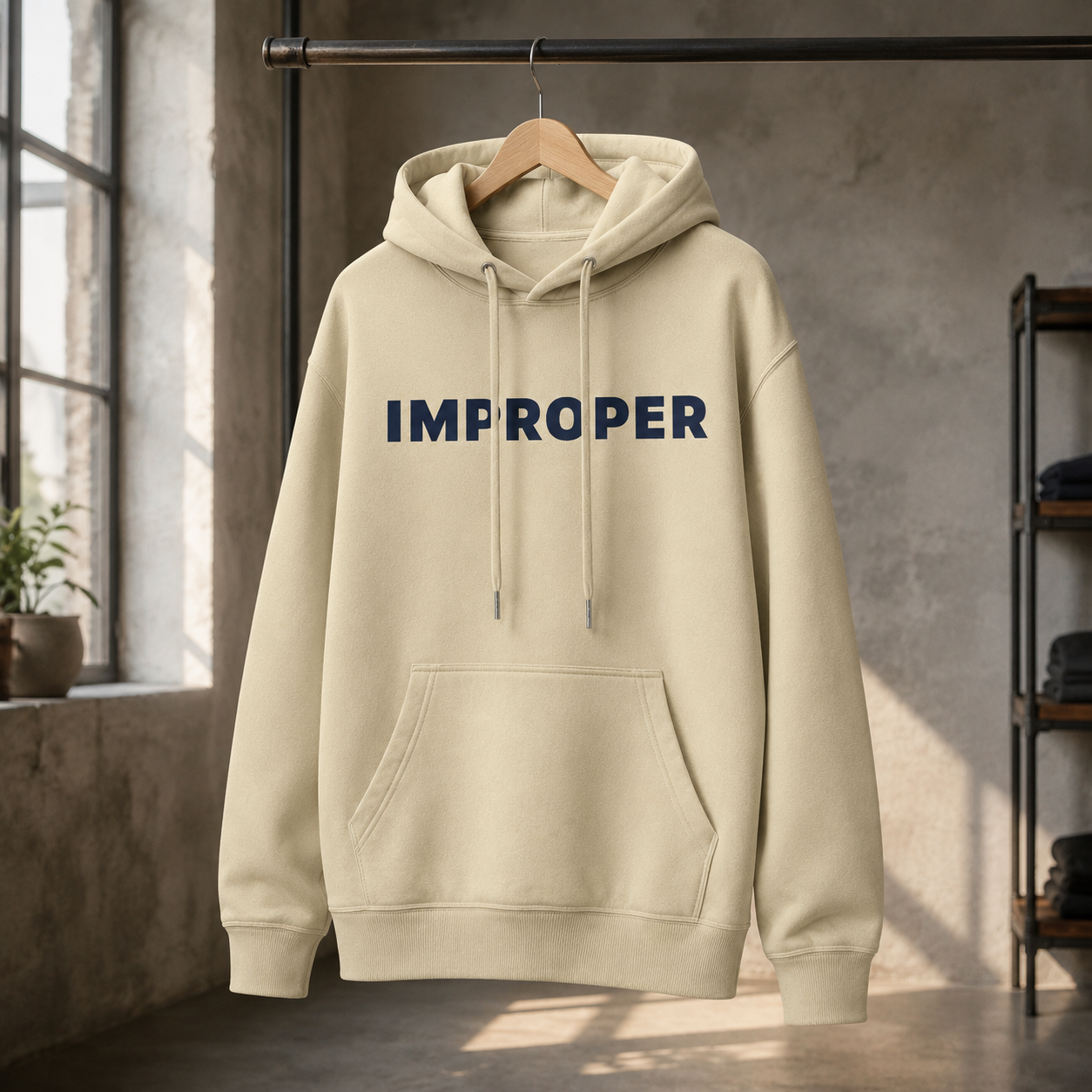 A cream-colored pullover hoodie with the word 'IMPROPER' printed in navy blue across the chest, hanging on a wooden hanger from a clothing rack in a loft-style room.