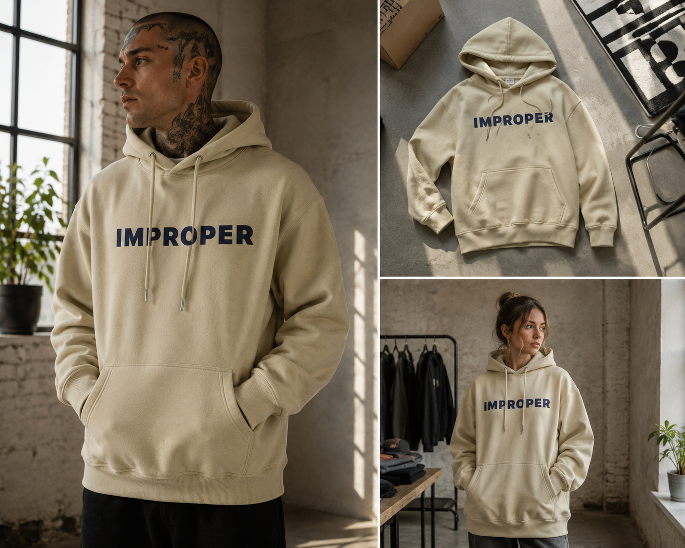 A beige pullover hoodie with the word 'IMPROPER' printed in dark navy across the chest, shown in a lifestyle collage with a male model wearing it in an industrial loft setting and two flat-lay views of the hoodie.