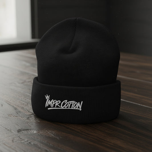 Black beanie with 'IMPR COTTON' text on a white background