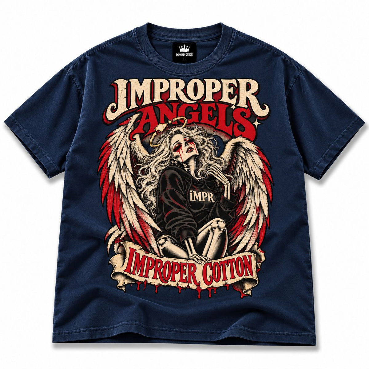 Improper Angels navy oversized graphic T-shirt featuring a gothic skeleton angel with large wings, red distressed details, IMPR hoodie and bold vintage lettering, Improper Cotton alternative streetwear, dark angel graphic tee, gothic fashion and oversized unisex streetwear shirt