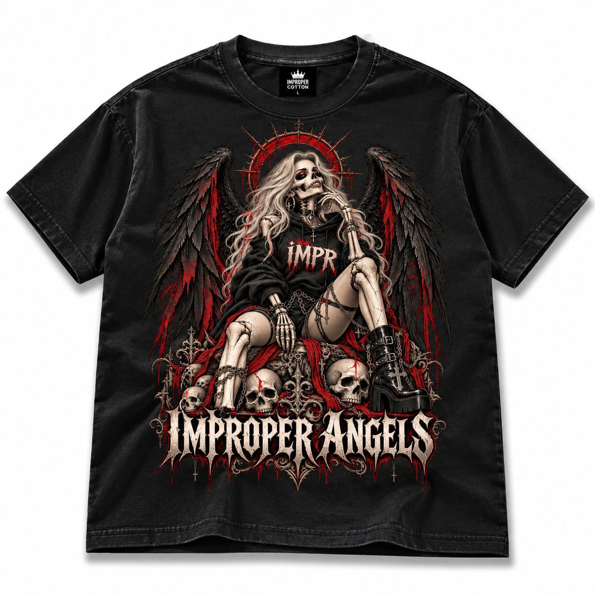 Improper Angels black oversized graphic T-shirt featuring a gothic female skeleton angel with black wings, skulls, red accents and IMPR hoodie, dark alternative streetwear graphic tee, gothic clothing, skeleton angel shirt and Improper Cotton streetwear