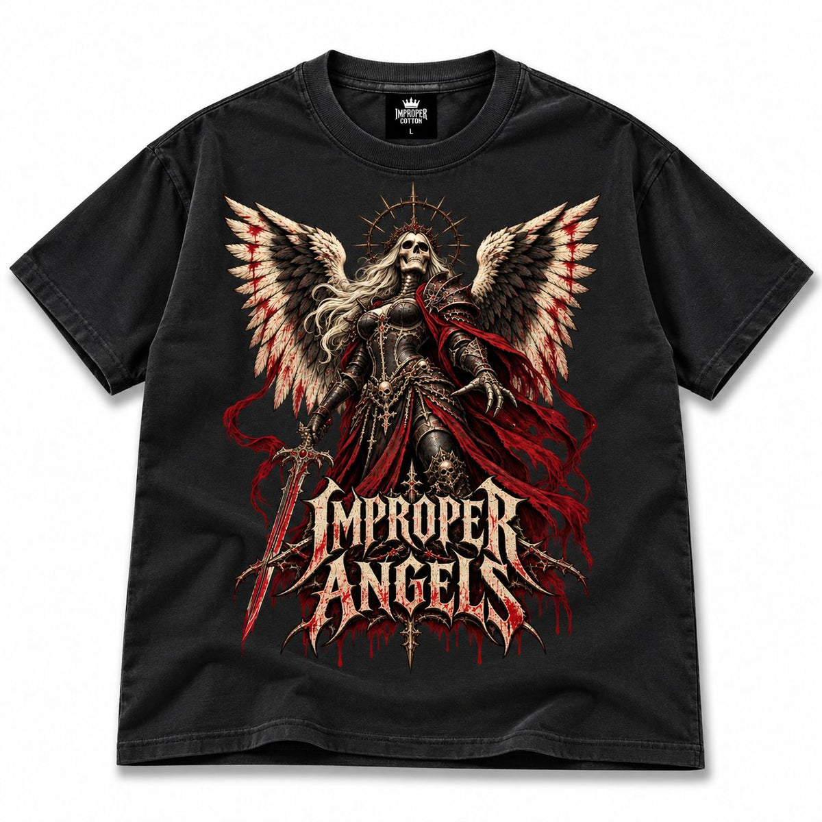 Improper Angels black graphic T-shirt featuring skeletal angel with large wings, gothic armor, sword and distressed red details, dark fantasy graphic tee, gothic streetwear shirt, alternative clothing, vintage oversized graphic T-shirt and bold Improper Cotton streetwear