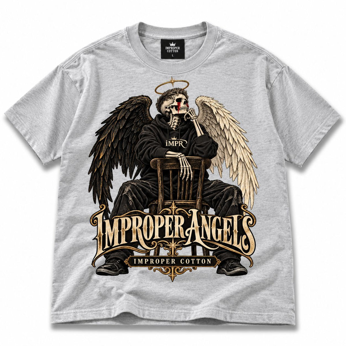 Gray Improper Angels oversized graphic T-shirt featuring a seated skeleton angel in an IMPR hoodie with black and white wings, halo and ornate vintage lettering, Improper Cotton gothic streetwear, alternative clothing, skeleton graphic tee, dark angel shirt and oversized streetwear T-shirt