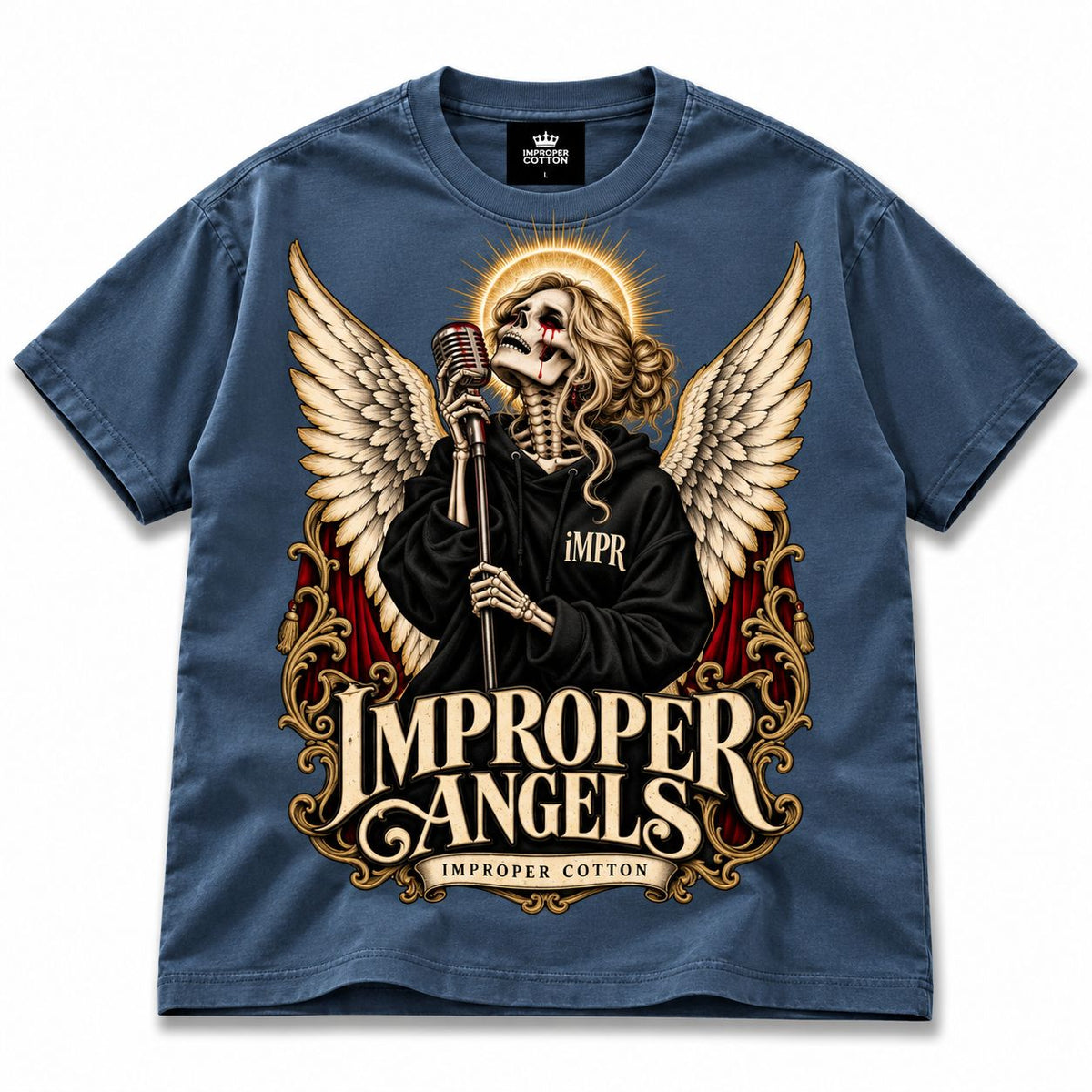 Improper Angels blue vintage wash oversized graphic T-shirt by Improper Cotton featuring a gothic skeleton angel singer with wings, halo, microphone and iMPR hoodie, alternative streetwear shirt, dark angel graphic tee, tattoo inspired clothing, gothic oversized T-shirt and vintage grunge streetwear
