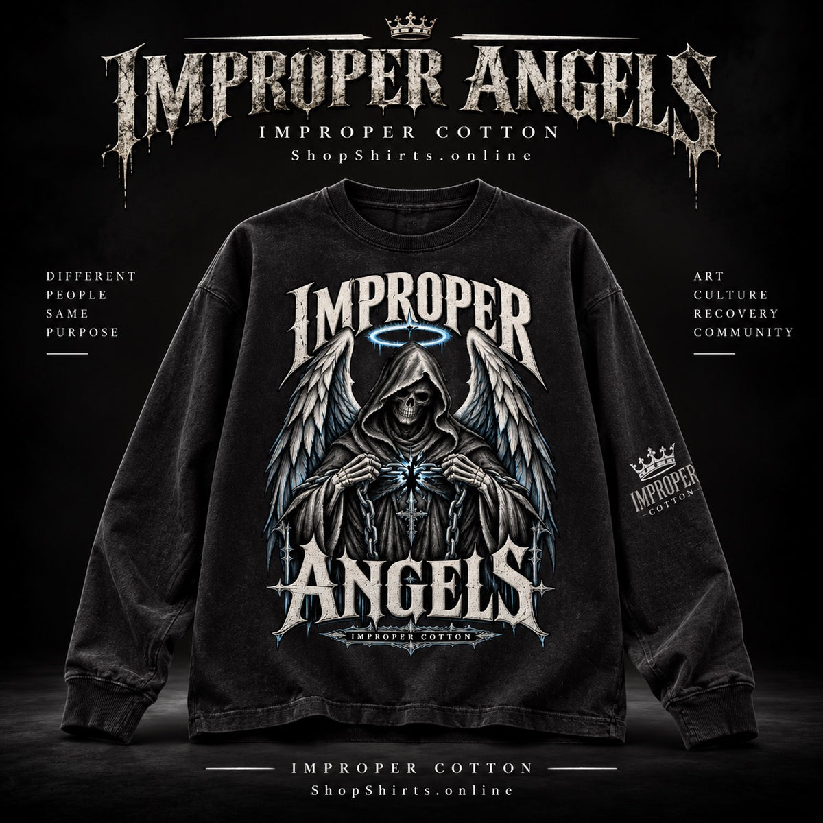 A black long-sleeve graphic sweatshirt featuring a large gothic angel design with the words 'Improper Angels' and a hooded winged figure holding a glowing cross. The sweatshirt is centered on a dark background with the brand name 'Improper Angels' and 'Improper Cotton' text around it.