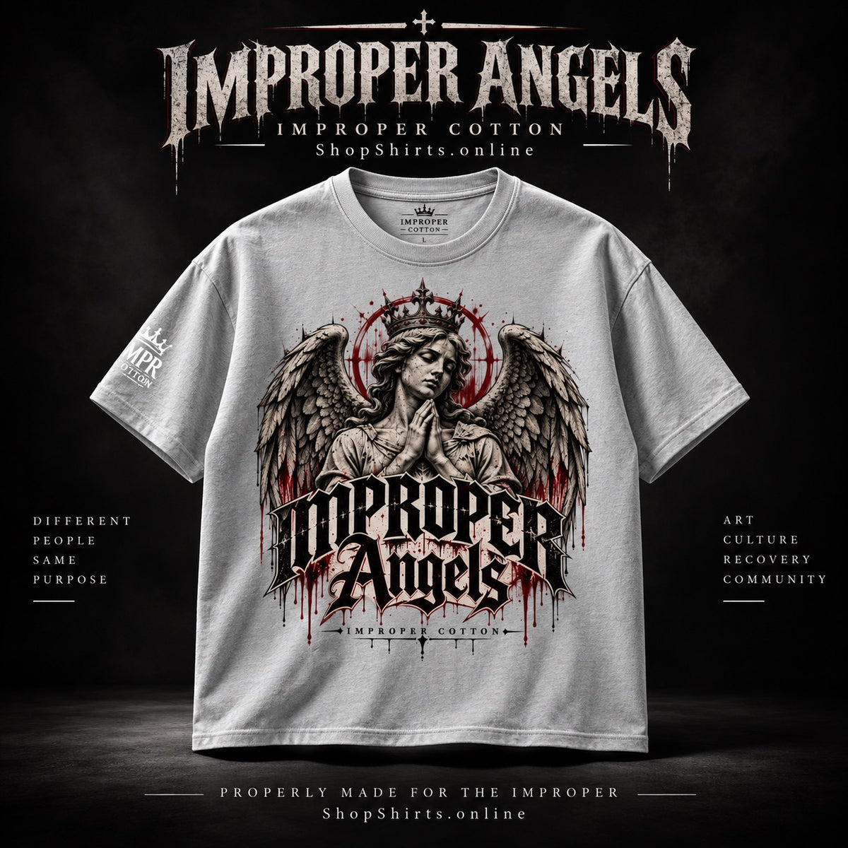 A white graphic t-shirt featuring a distressed black and red design of an angel with wings and the text 'Improper Angels'. The t-shirt is displayed against a dark background with promotional text for 'Improper Angels' at the top and bottom.