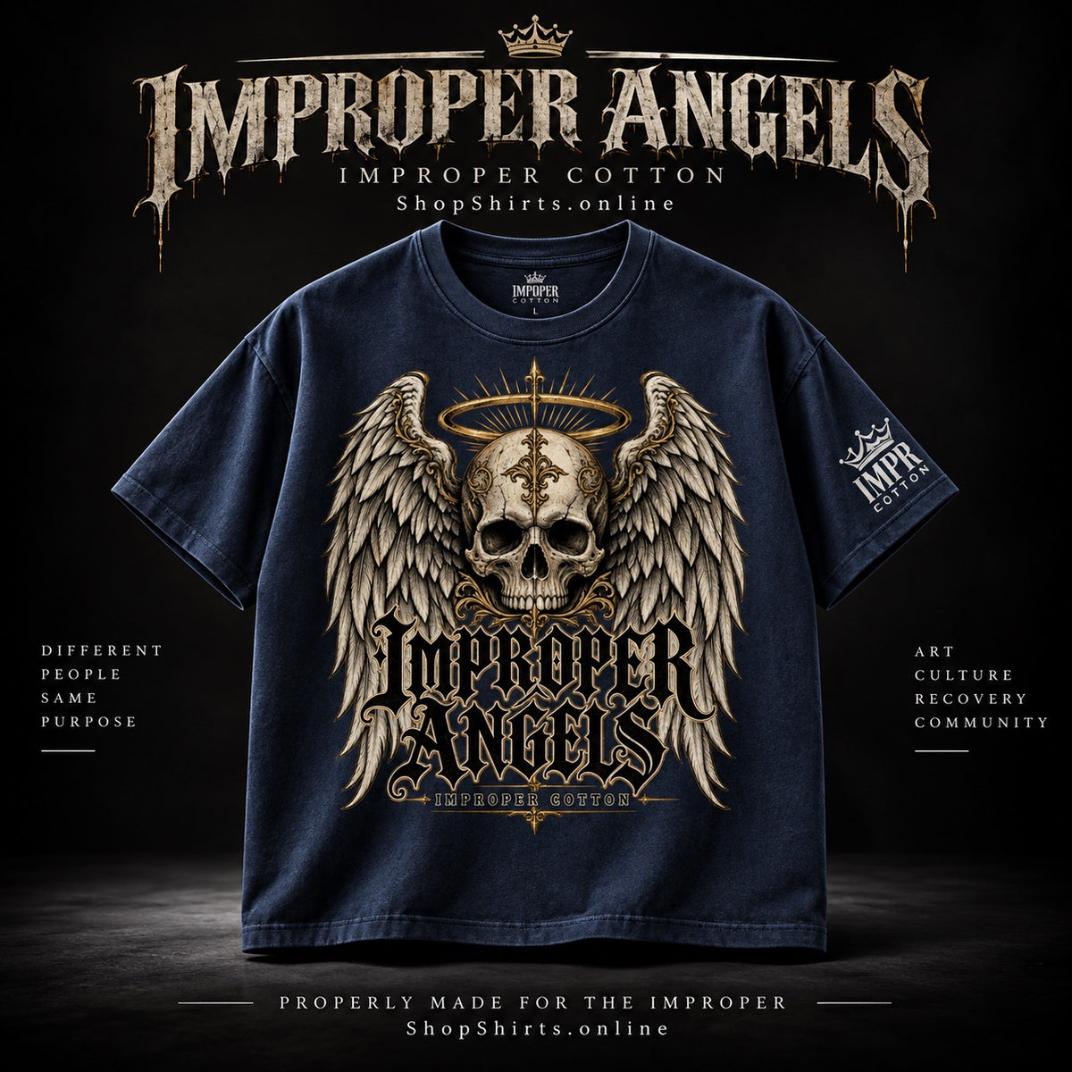 A navy blue graphic t-shirt featuring a large metallic gold and beige winged skull design with the text 'Improper Angels' on the front. The t-shirt is displayed against a dark background with promotional text for 'Improper Angels' at the top and bottom.