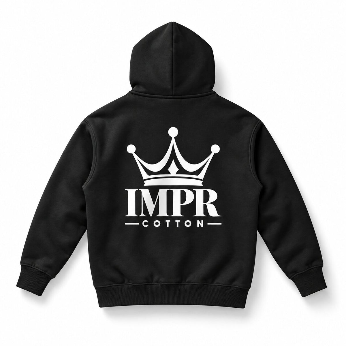 A black zip-up hoodie shown from the back, featuring a large white graphic of a crown above the text 'IMPR COTTON'.
