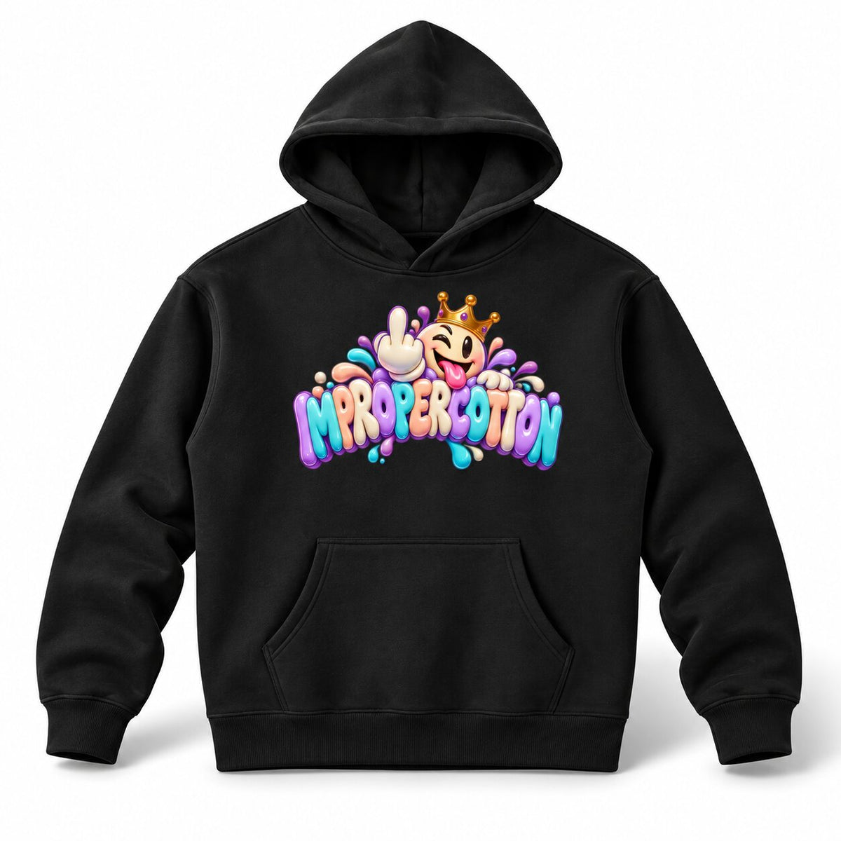 A black pullover hoodie with a colorful graphic on the chest featuring a cartoon face, a crown, and the word 'IMPROPERCOTTON ' in bubbly multicolor letters, shown on a white background.