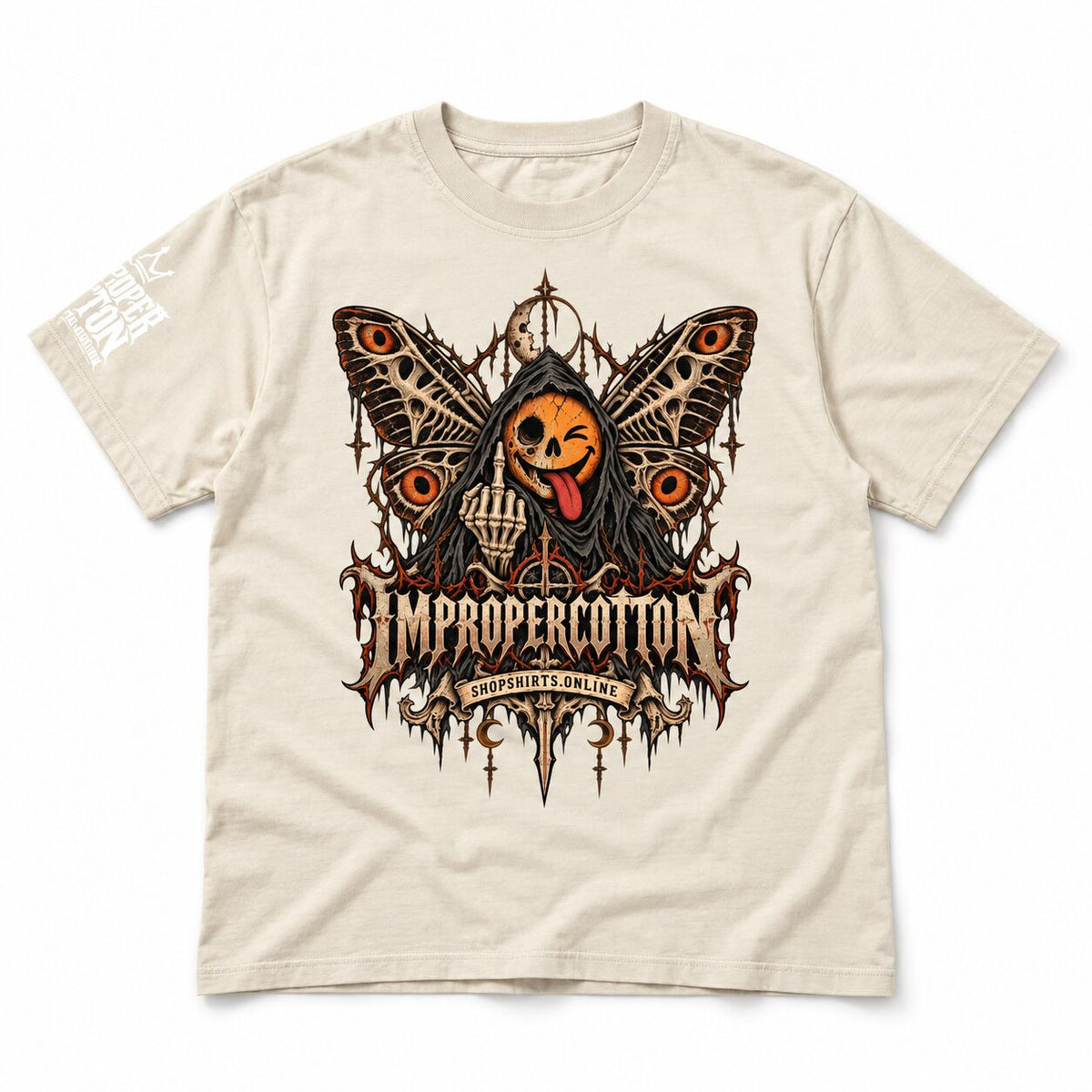 Improper Cotton Halloween Pumpkin Moth vintage wash graphic T-shirt in light apricot with gothic spooky-season artwork