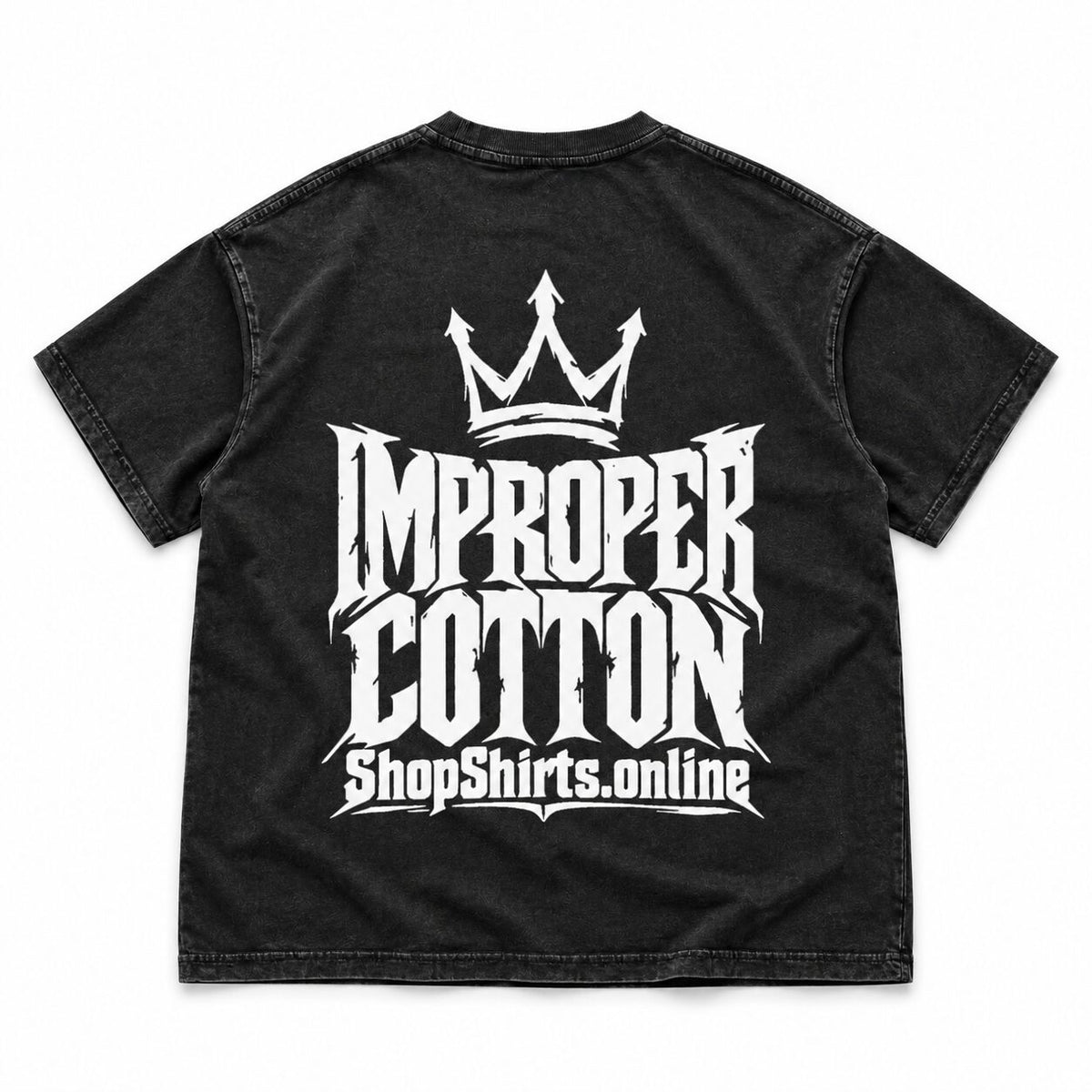 Back of a black vintage-wash T-shirt featuring a large white crown, distressed Improper Cotton lettering and ShopShirts.online branding on a white background.