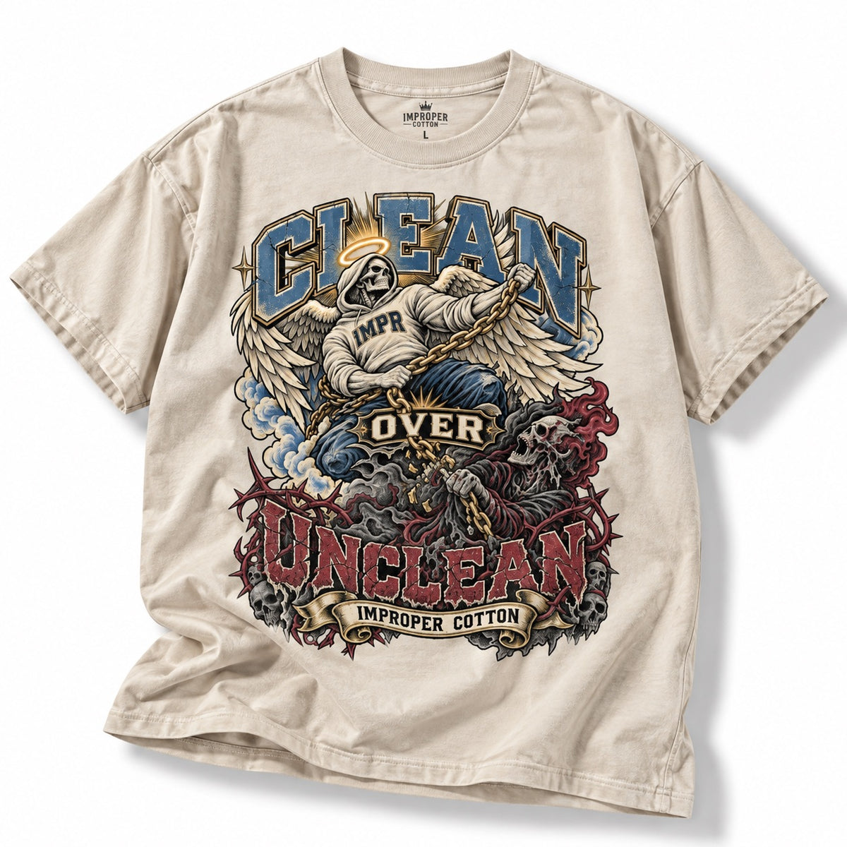 Cream Improper Cotton Clean Over Unclean recovery graphic T-shirt on a clean white background with a soft cast shadow, featuring angel and reaper artwork with distressed vintage detailing.
