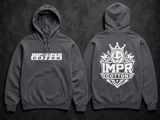 Dark gray pullover hoodie shown from both front and back on a dark textured background. The front has a white 'IMPROPER COTTON' logo across the chest, and the back features a large white graphic with a crown, lightning, and 'IMPR COTTON' text.