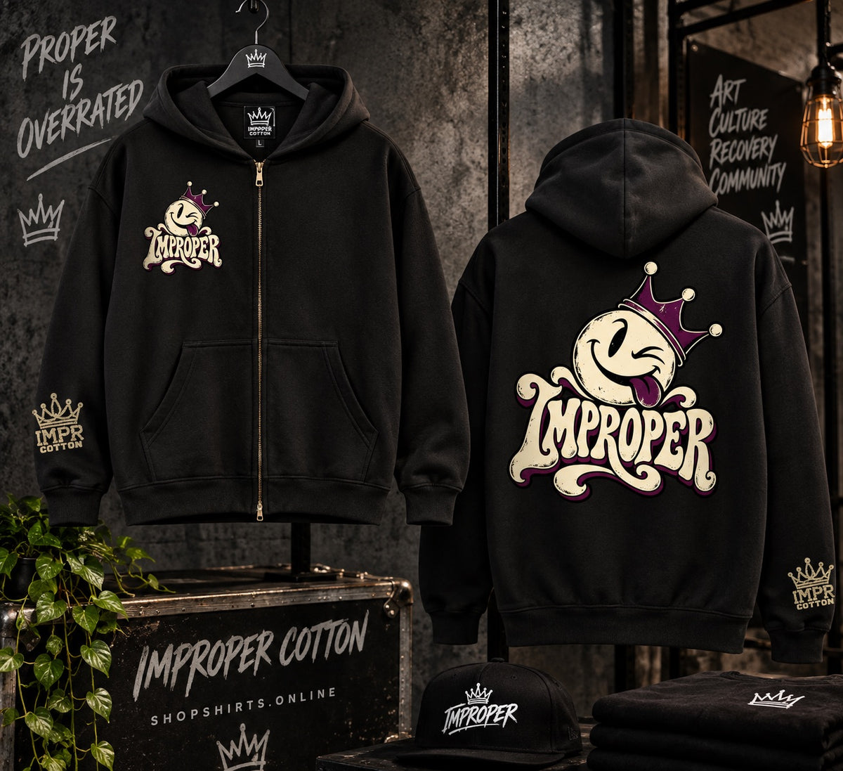 Two black zip-up hoodies displayed front and back with a large cream, purple, and white 'IMPROPER' graphic and crown motif. A matching black cap and folded black apparel are visible at the bottom, set against a dark industrial-style backdrop with decorative text and lighting.