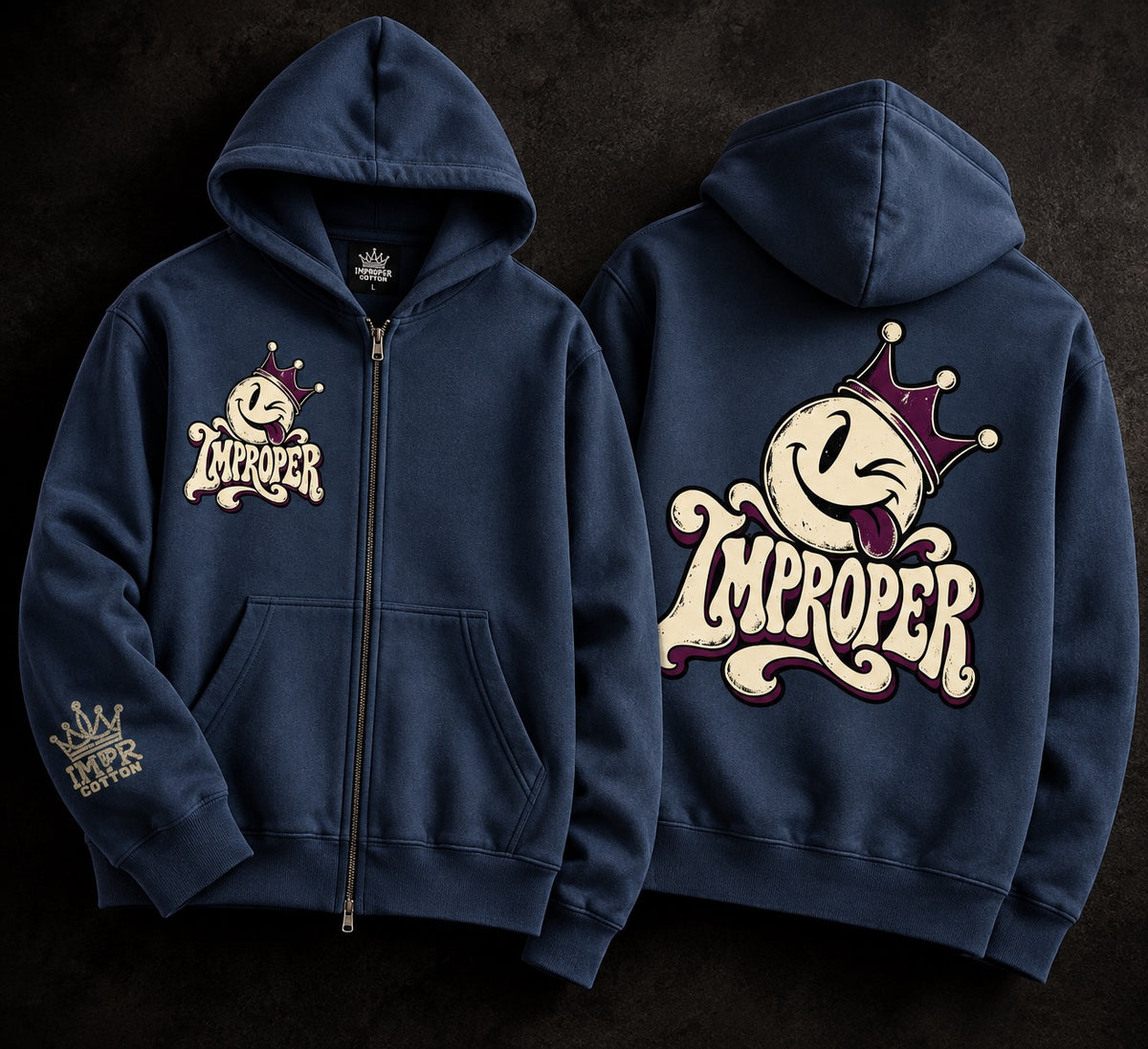 Improper cotton crown smiley navy zip up full hoodies front and back bold Streetwear 