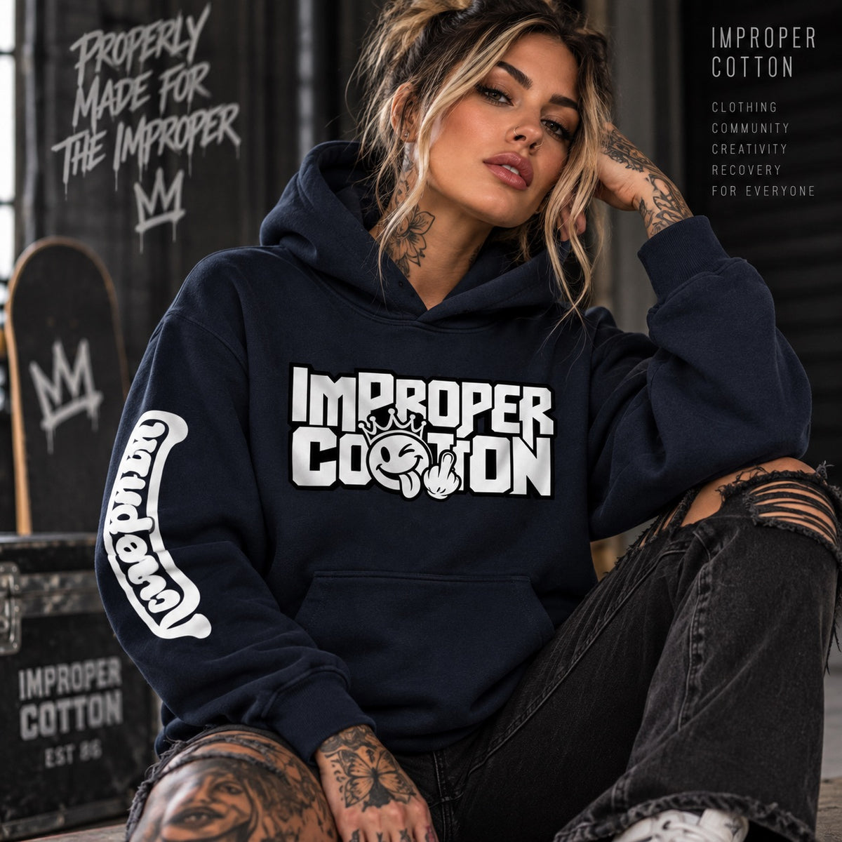 Improper Cotton Crown Smiley Tattooed Model Hoodie Streetwear Promo Female wearing the navy blue hoodie improper cotton store pull over hoodies