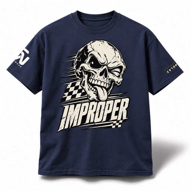 A navy blue short-sleeve t-shirt with a large graphic print on the front featuring a skull, checkered flag, and the word 'IMPROPER' in bold white letters. The brand name 'SOBERWEAR' is visible on the sleeve.