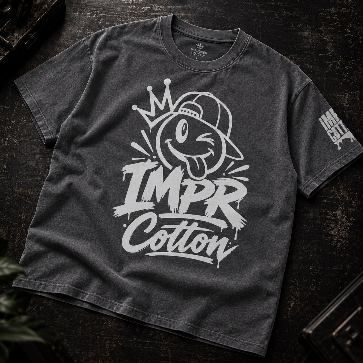 IMPR Cotton smiley emoji with tongue out on a dark gray crew neck premium heavyweight bold graphic tees by improper cotton