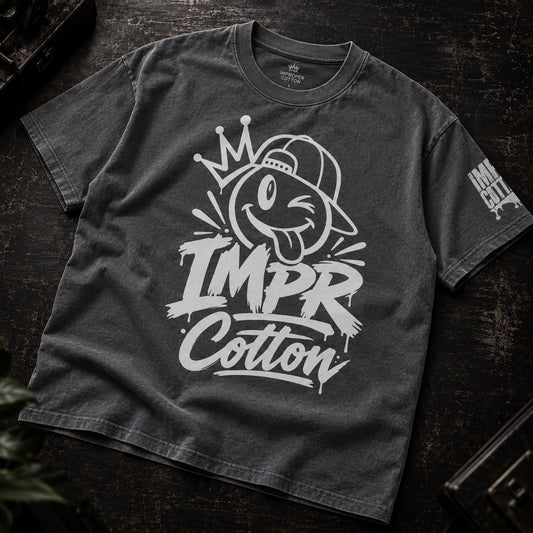 IMPR Cotton smiley emoji with tongue out on a dark gray crew neck premium heavyweight bold graphic tees by improper cotton