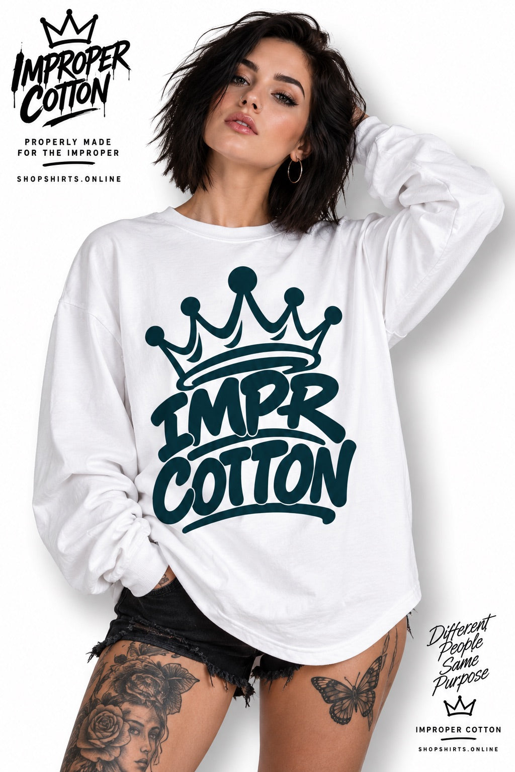 A woman modeling a white long-sleeve t-shirt with a dark teal graphic that reads 'IMPR COTTON' under a crown. The image features promotional text overlays for 'Improper Cotton' on a white background.