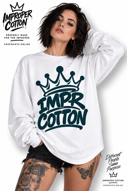 A woman modeling a white long-sleeve t-shirt with a dark teal graphic that reads 'IMPR COTTON' under a crown. The image features promotional text overlays for 'Improper Cotton' on a white background.