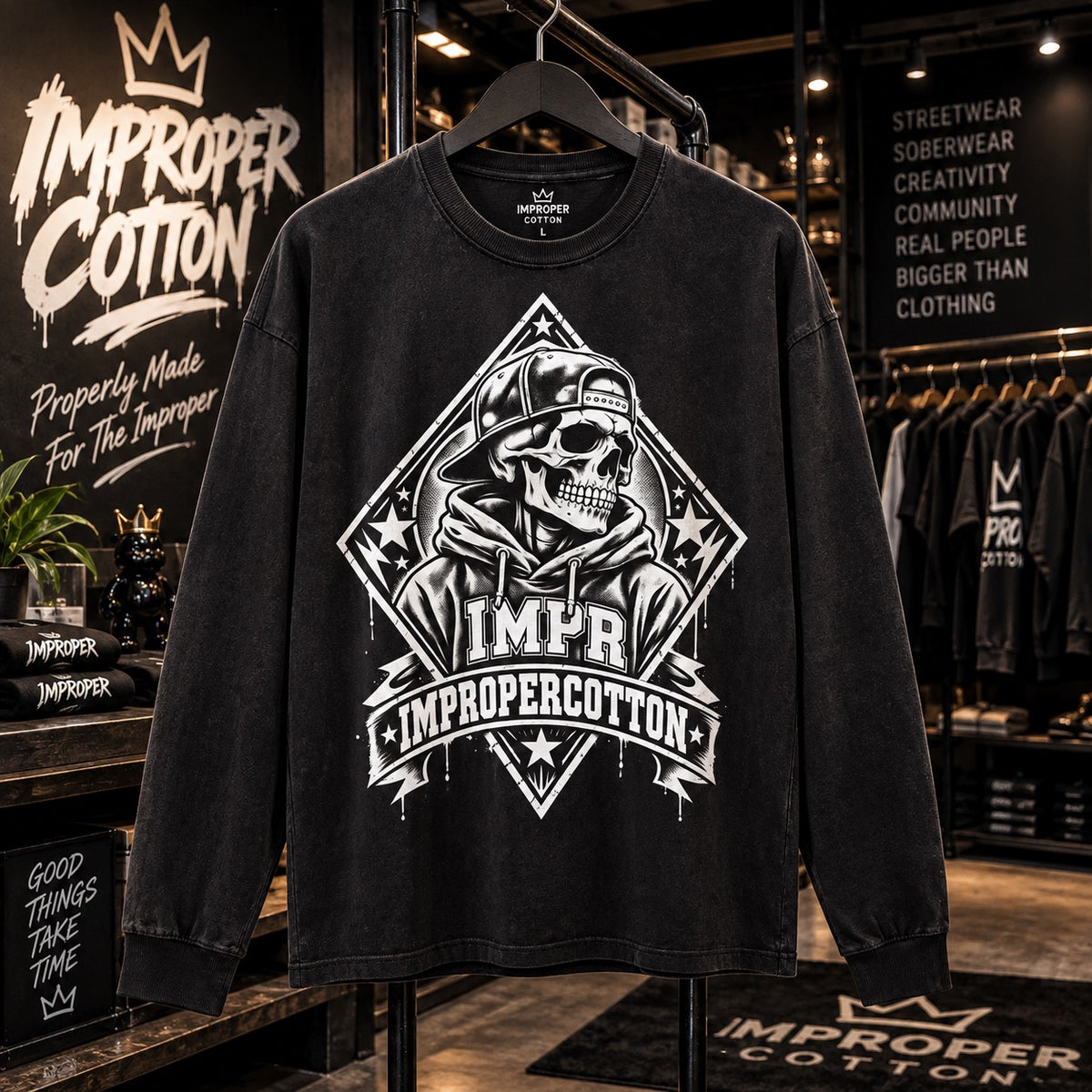 Improper Cotton IMPR Skull black long sleeve streetwear shirt displayed inside a dark modern Improper Cotton store with bold black-and-white skull artwork and branded retail decor.