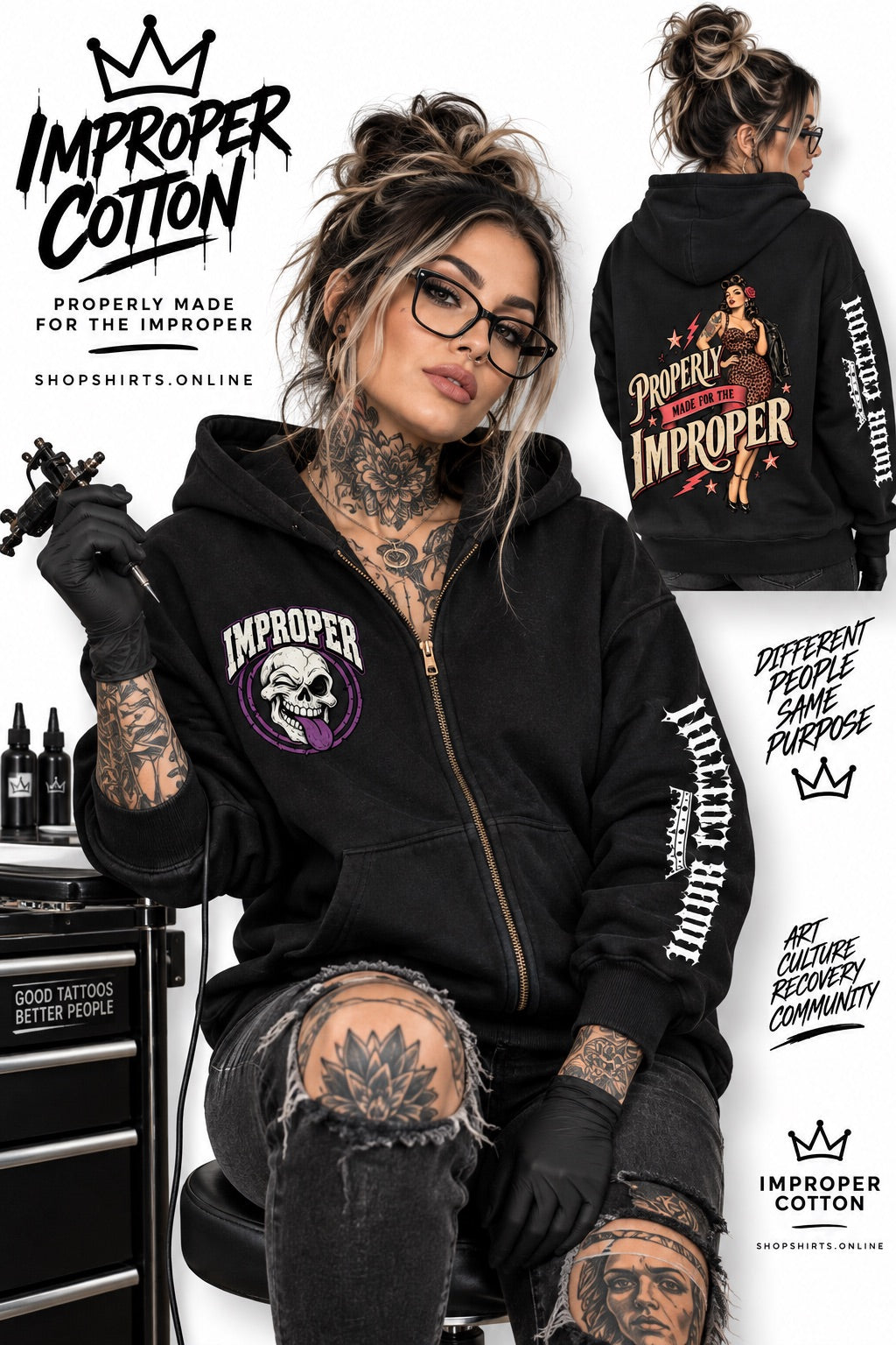 A woman wearing a black zip-up hoodie with 'IMPROPER' graphics on the front and back, shown in a tattoo studio setting. The main hoodie features a purple skull logo on the left chest and white text down the right sleeve.
