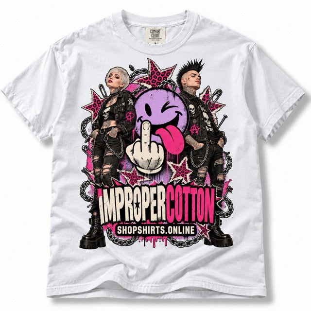 White Improper Cotton graphic T-shirt featuring a bold punk-style winking smiley with tongue out, middle finger, tattooed characters, chains, hot pink accents, distressed Improper Cotton lettering, and ShopShirts.online branding, displayed solo on a clean white background with a soft natural shadow.