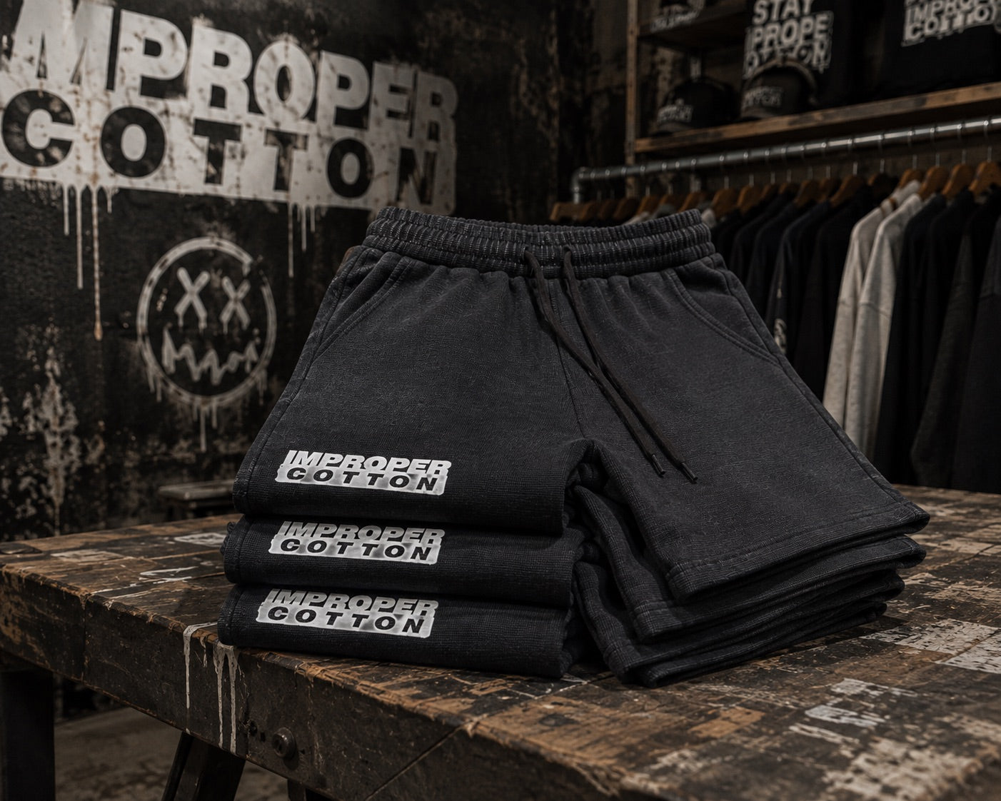 A stack of black sweat shorts with white 'IMPROPER COTTON' logos on the front, displayed on a rustic wooden table in a retail store setting with clothing racks and a branded wall in the background.